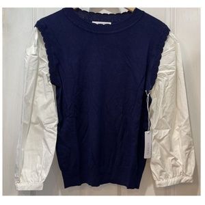 Six/Fifty Darcy Navy And White Mixed Media Top Size Medium Style #SF5710